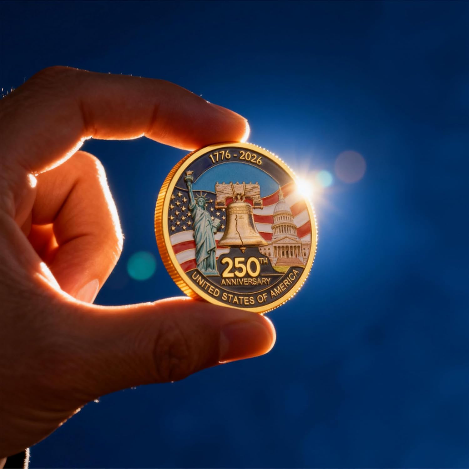 Hand holding a commemorative coin with American flag and architecture design against a blue background