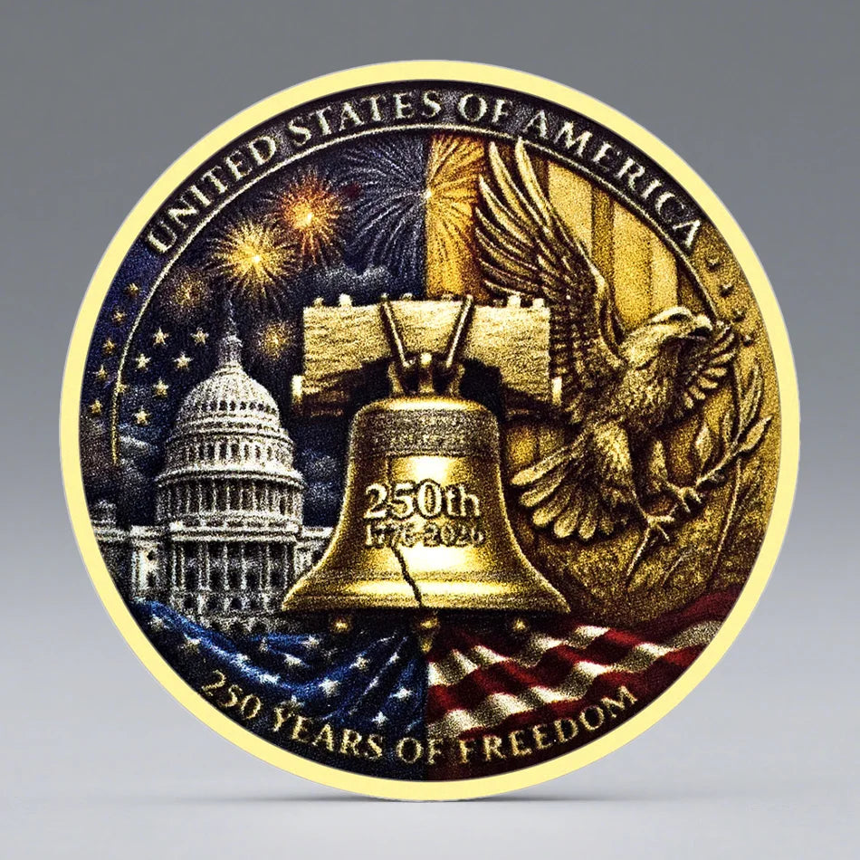 Gold coin celebrating 250 years of freedom with Liberty Bell, eagle, and Capitol building.