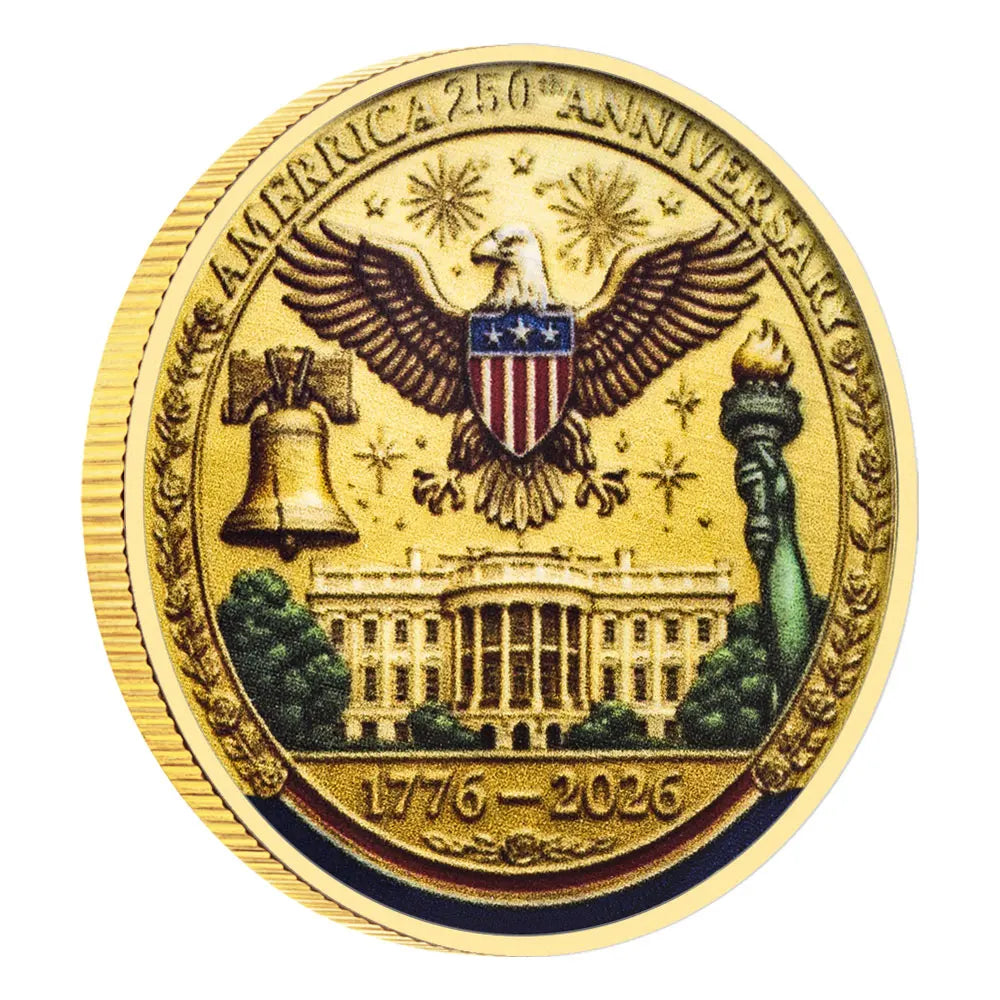 Gold coin celebrating America's 250th anniversary with an eagle, bell, and White House design.