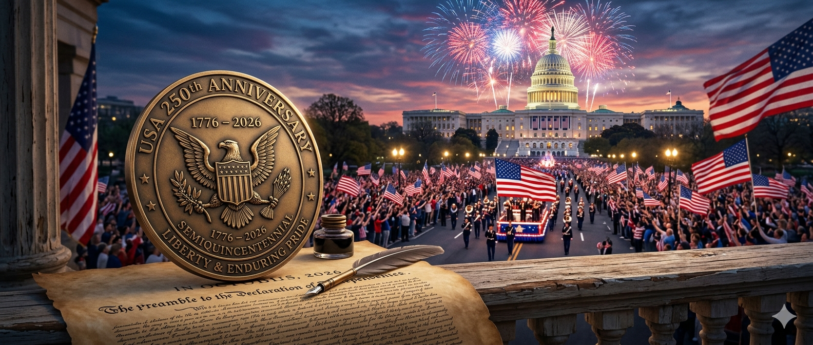 Commemorative 1776-2026 medal celebrating the USA 250th Anniversary Semiquincentennial with patriotic American background.