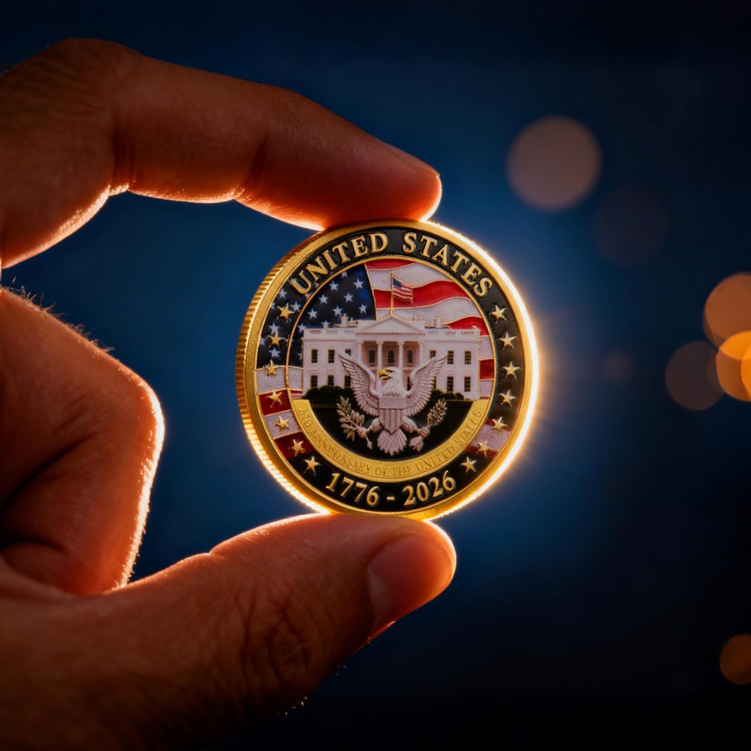 Hand holding a commemorative coin with U.S. design against a dark background