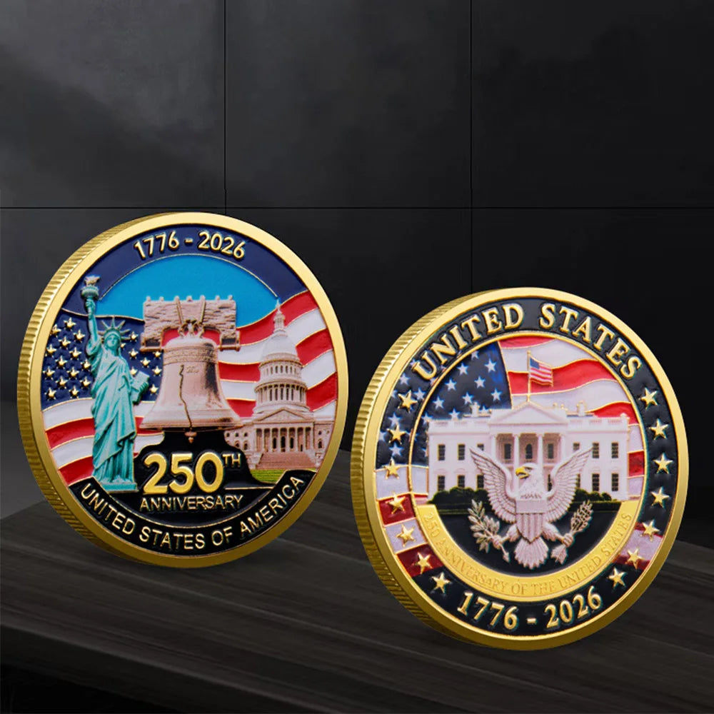 Two commemorative coins celebrating the 250th anniversary of the United States on a dark background.
