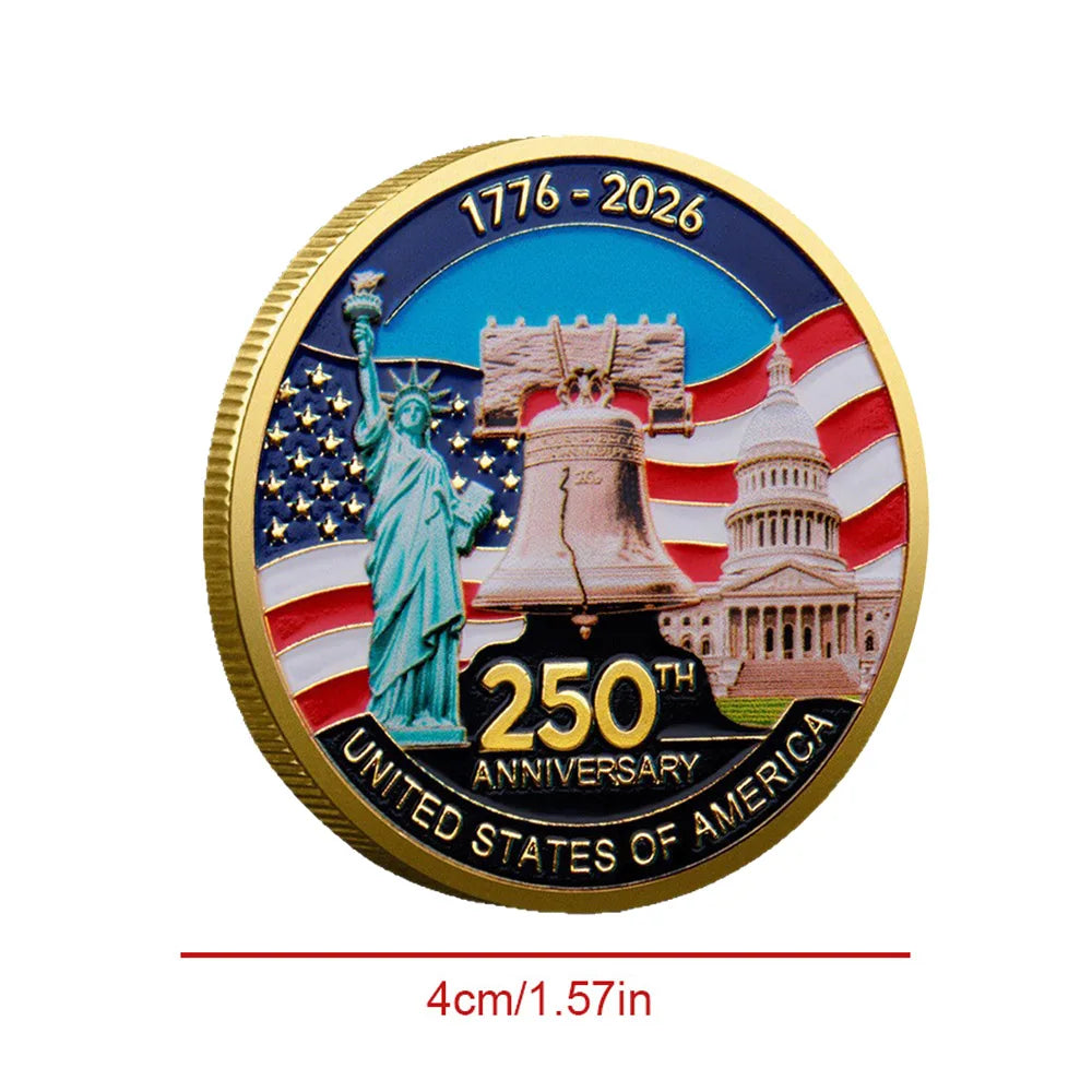 Coin celebrating the 250th anniversary of the United States with the Statue of Liberty and the Capitol building.