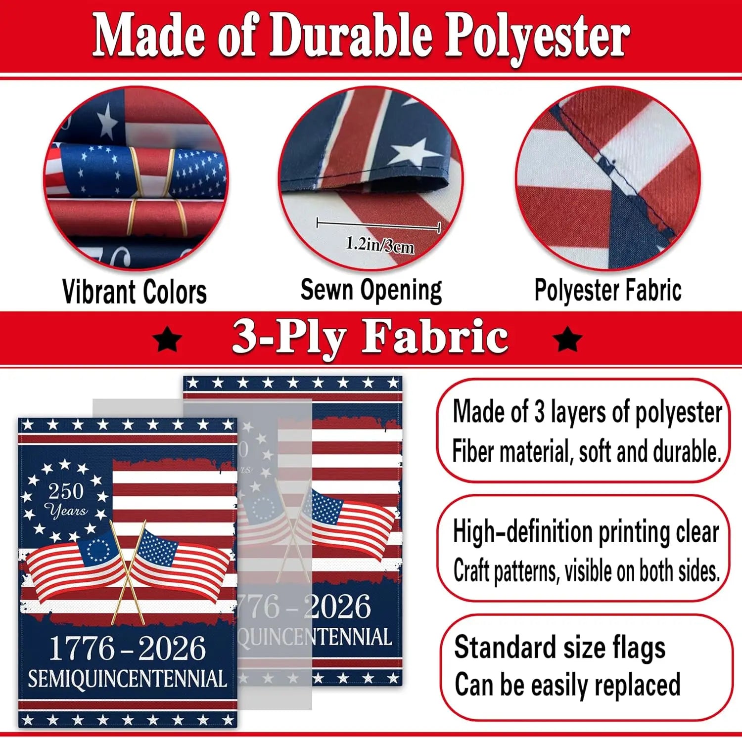250 Years America 250th Anniversary 1776 2026 Double Sided Garden Flag